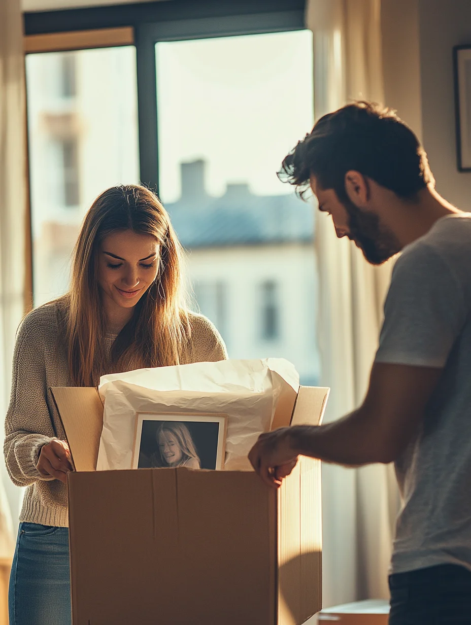 American couple unpacking boxes after using iou moving loan for relocation