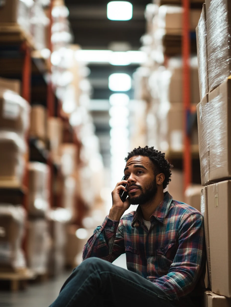 American man on phone coordinating iou loan funded moving logistics