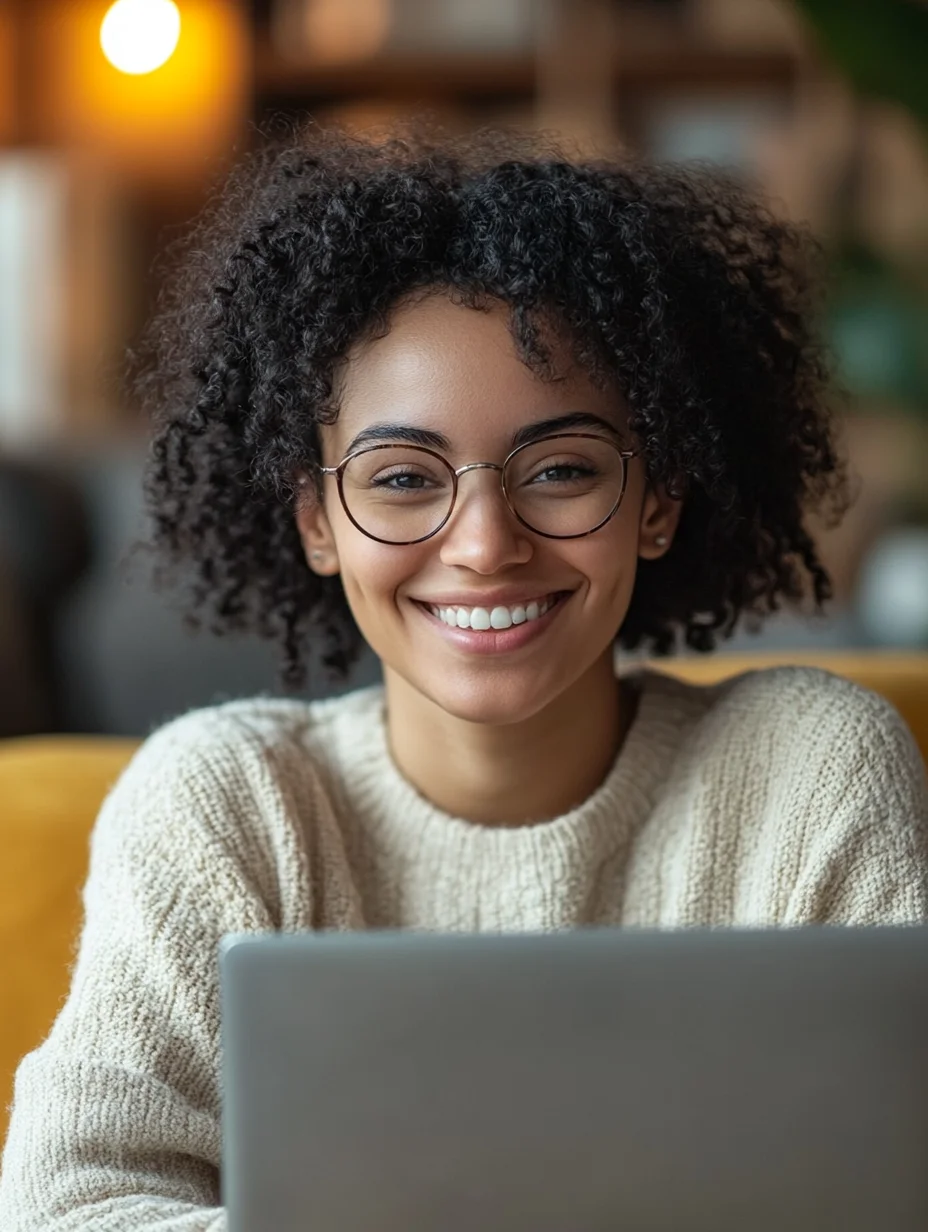 American woman smiling after receiving iou financial personal loan approval