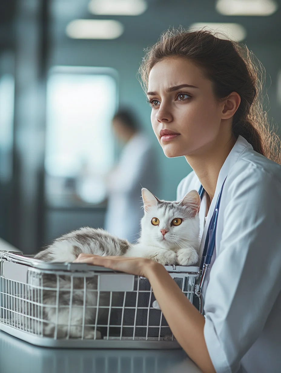 American woman at vet clinic with iou pet loan covering animal care expenses