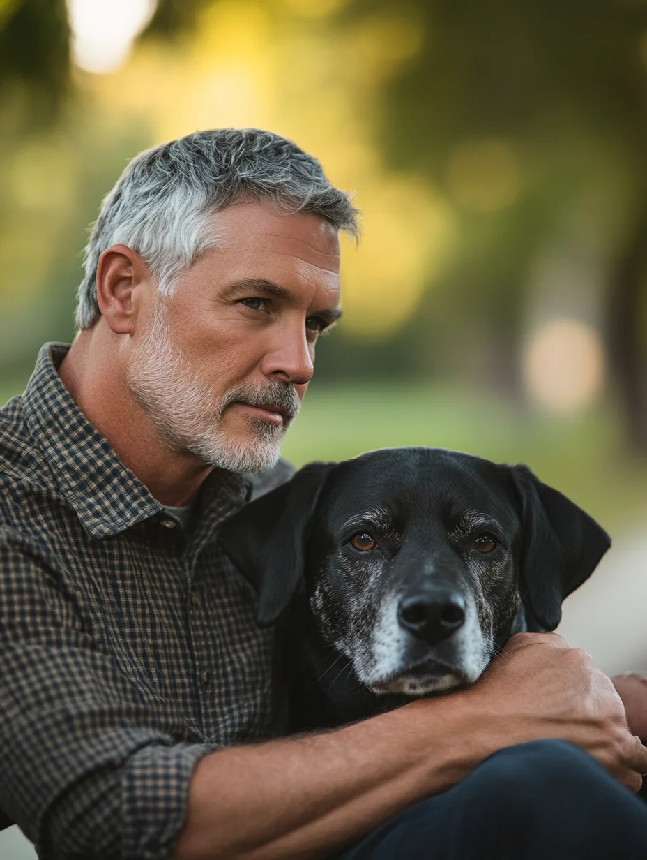 American man on park bench with dog funded by iou financial pet loan care