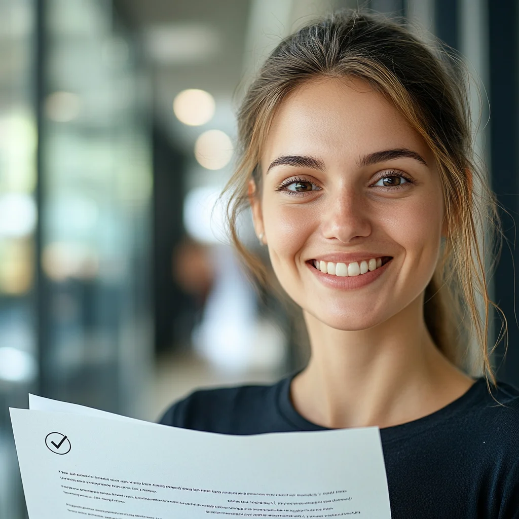 American woman holding approved iou financial loan document with checkmark