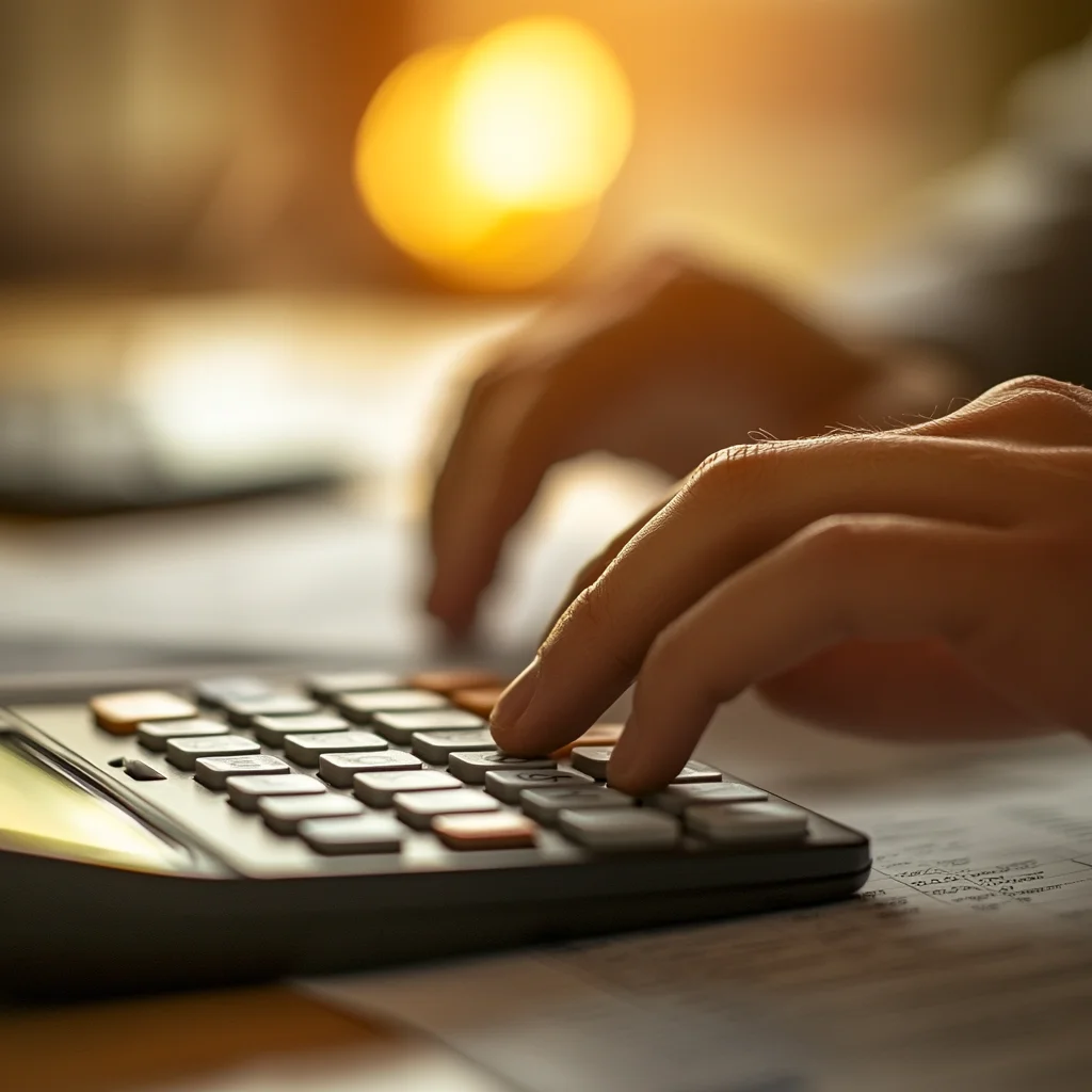 Extreme close-up of hands on calculator planning iou moving loan budget