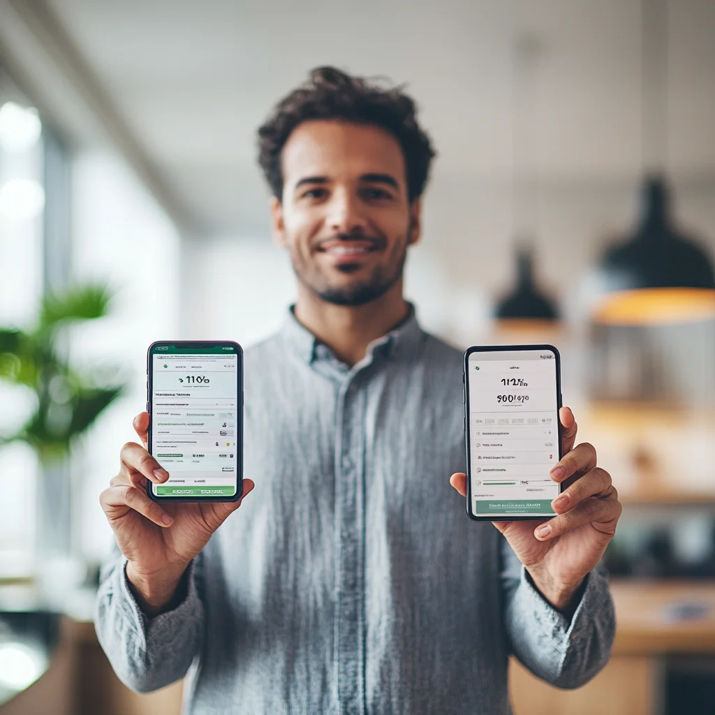 American man comparing iou pet loan offers on two smartphones